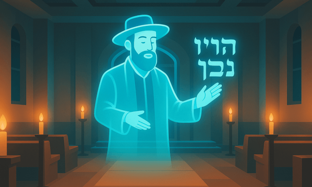 An AI Rabbi app interface showing features of virtual Torah lessons and automated halachic answers.