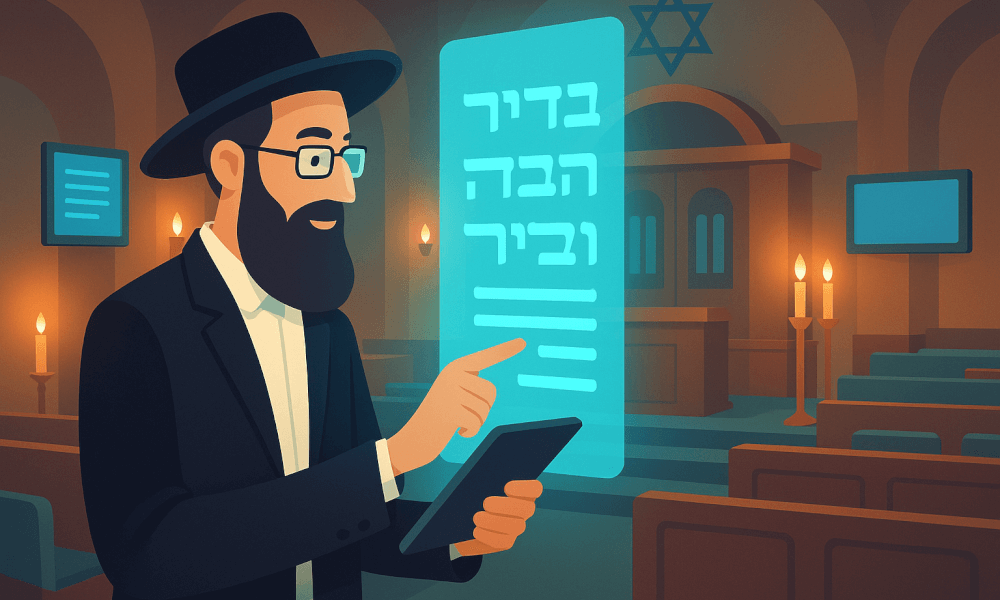 Guide for AI Dvar Torah writer showcasing digital tools for automating Jewish sermons and commentary