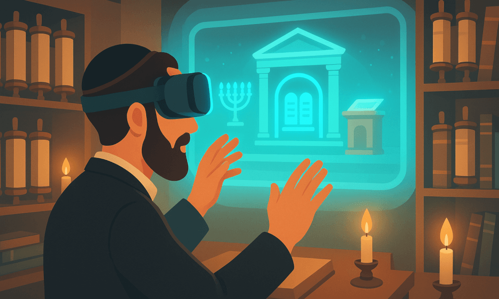 Illustration depicting the relationship between religion and technology, showcasing modern digital tools used in spiritual practices.