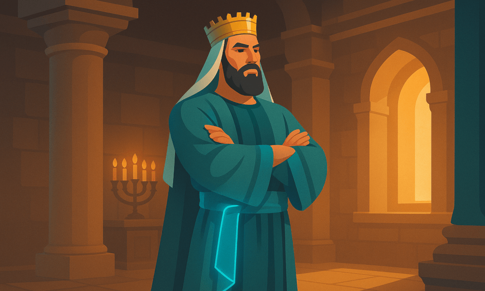 Illustration of Yeravam, the first king of Northern Israel, depicting his significance in the Bible and his connection to Rehoboam and idolatry.