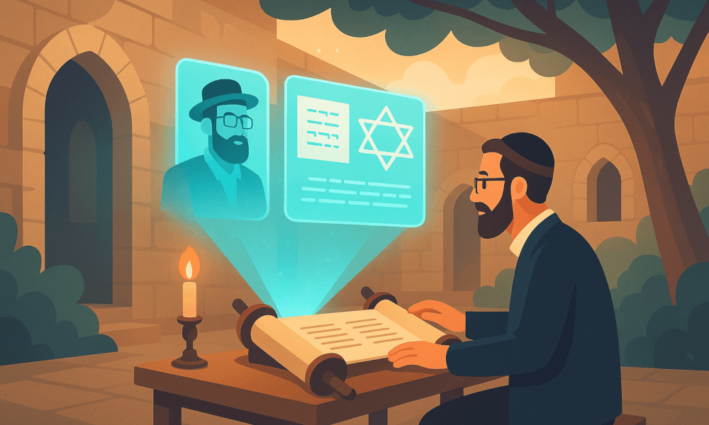 Illustration of an AI generated Beit Midrash demonstrating technology integration in Jewish education