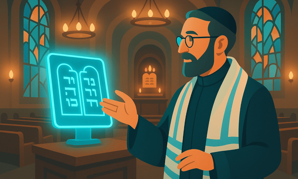 Image showcasing a Kosher AI chatbot interface with features like login options and ethical AI development tailored for Jewish principles.