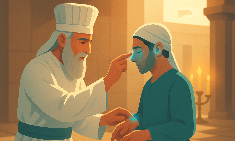 Illustration depicting the consecration of Aaron and his sons during the Leviticus 8:23-24 ceremony, highlighting the Old Testament priesthood rituals.