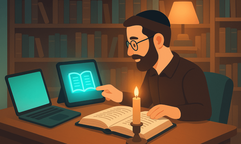 Interactive online Torah study session with students engaging in virtual classes and learning resources.