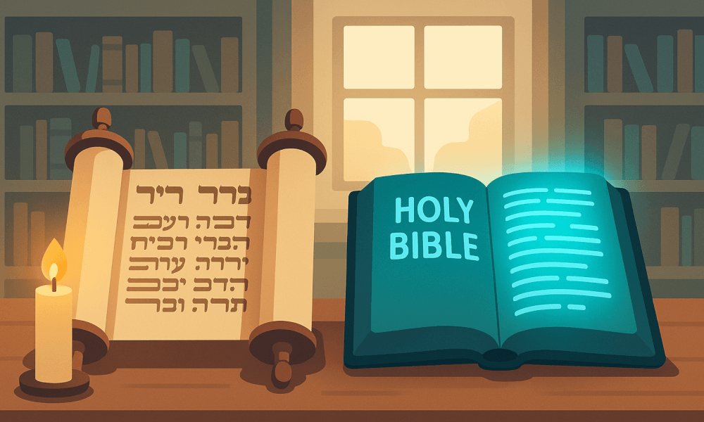 Infographic comparing the Torah and the Bible, highlighting key differences, similarities, and origins of each sacred text in Judaism and Christianity.