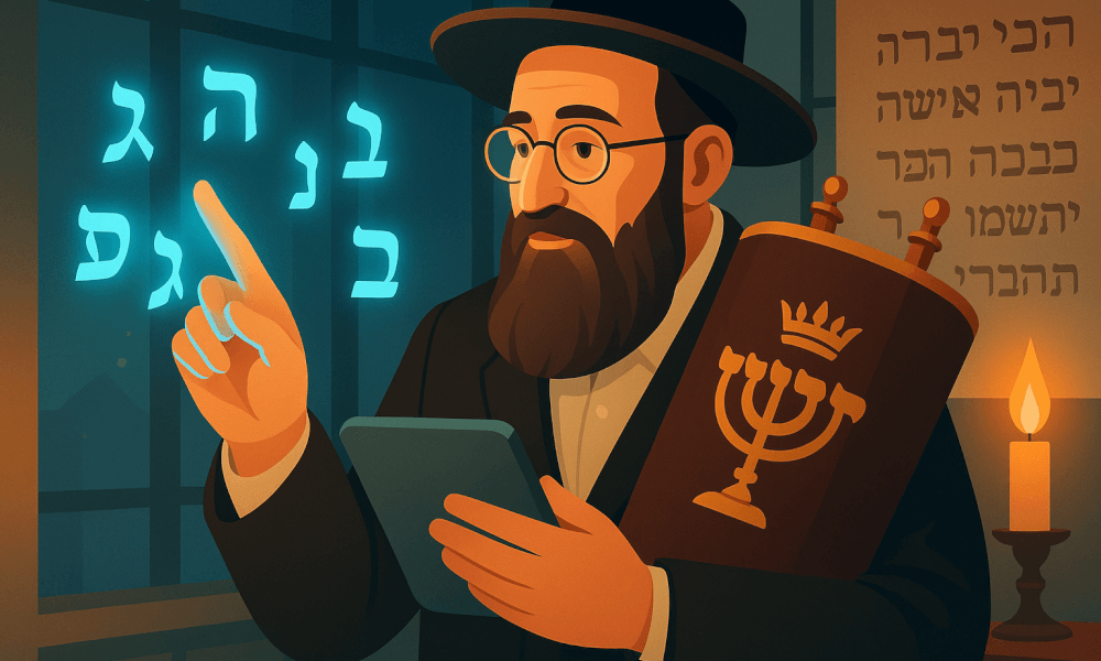 A Jewish scholar engaged in studying the body of Jewish law, surrounded by symbols of Jewish legal tradition, including a Torah scroll and inscriptions representing Halakhah and Talmudic law.