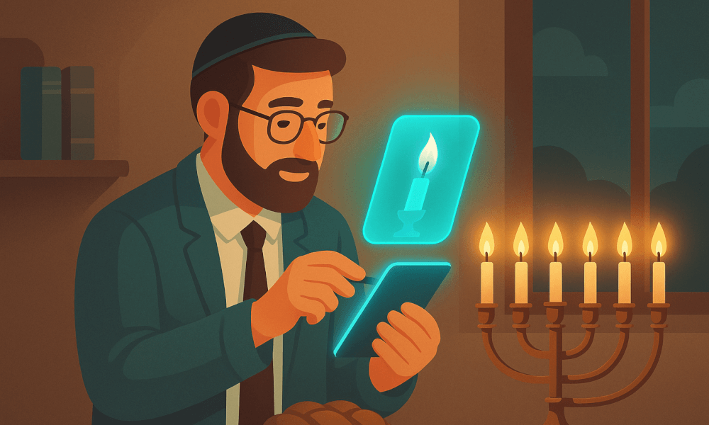 A man studying the books of the Torah in a cozy setting, illuminated by candlelight, with kosher bread and a digital interface displaying a candle symbol.