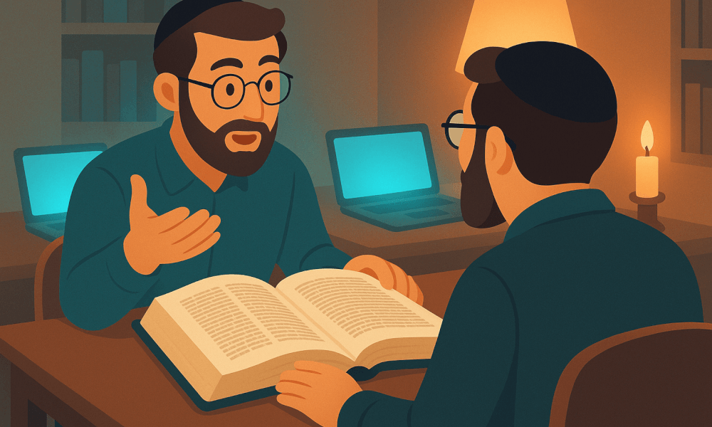 Two men engaged in chavrusa learning, discussing over an open Torah text in a cozy setting with lit candles and computers.