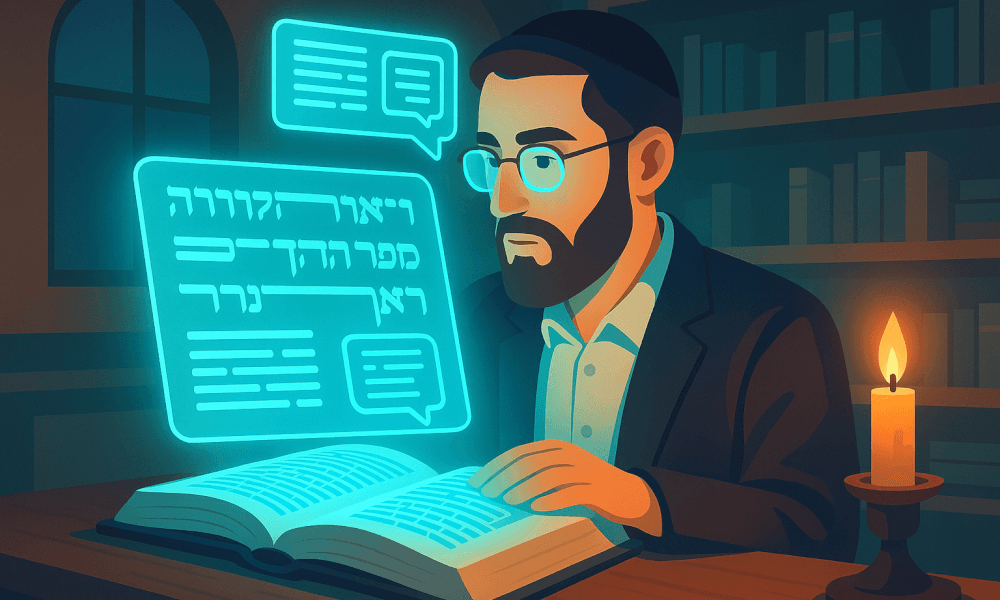 A scholar reading the Gemara, with illuminated Hebrew text floating above. The scene depicts a warm study environment, highlighting traditional Jewish law and Torah study.