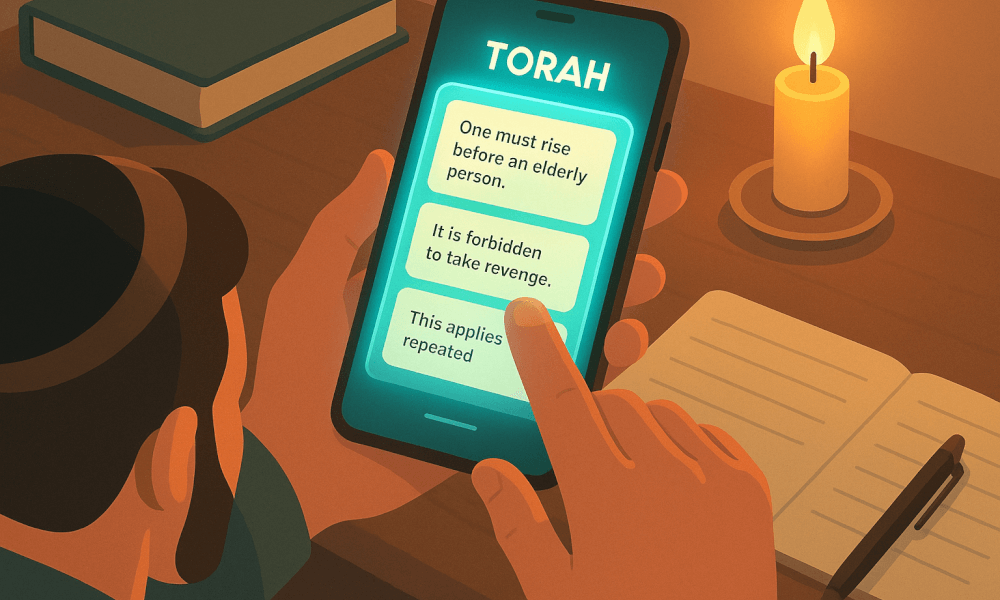 A person using a smartphone displaying Torah laws, with a candle and books in the background, illustrating daily halacha study and Jewish law.