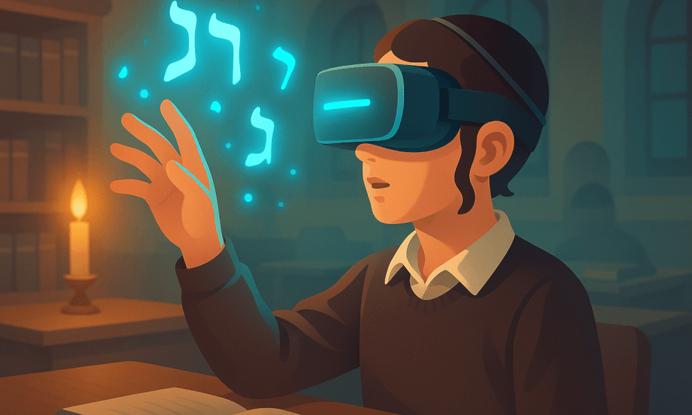 A student engaging in Hebrew education through virtual reality, with Hebrew letters floating in the air, in a scholarly environment.