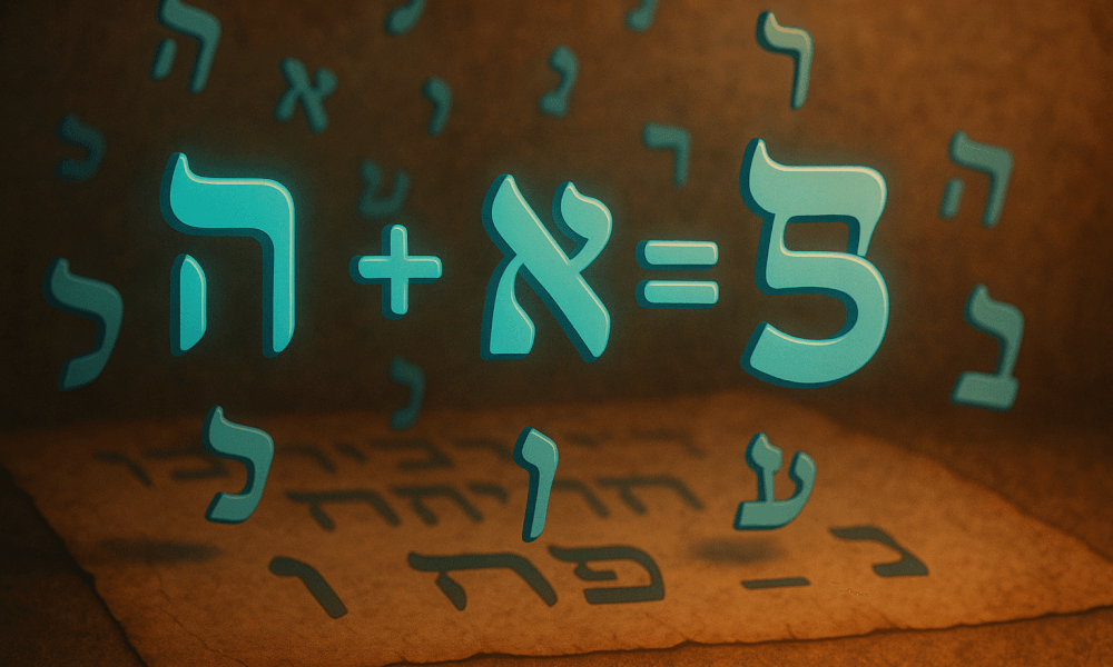 Visual representation of Hebrew numbers showcasing the addition of Hebrew letters to form the number five, illustrating the Hebrew numeric system and Gematria.
