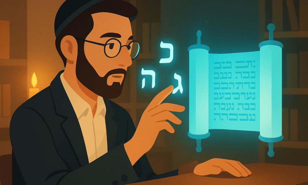 A man studying Jewish texts, reflecting on Judaism duties and ethical responsibilities, with illuminated scrolls representing Tzedakah in the Torah.
