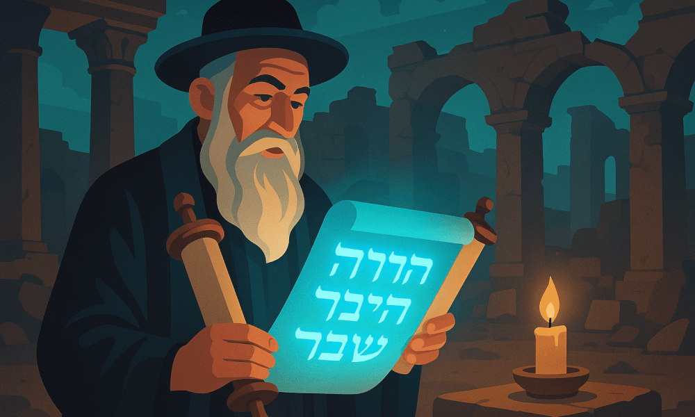 An illustration of a wise man studying a scroll in a ruins setting, representing Talmud 56b and 57a, with elements of Jewish religious texts, Talmudic law, and ancient history.