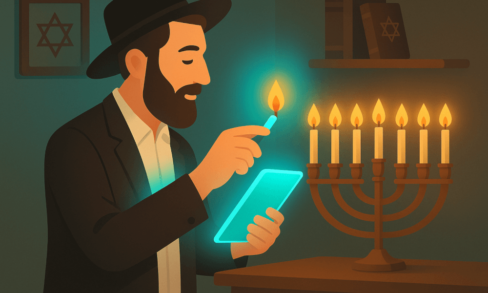 A man in traditional attire lighting a candle while holding a tablet, symbolizing the blend of Talmudic wisdom and modern insights, focusing on Talmud quotes about love, community, and helping others.