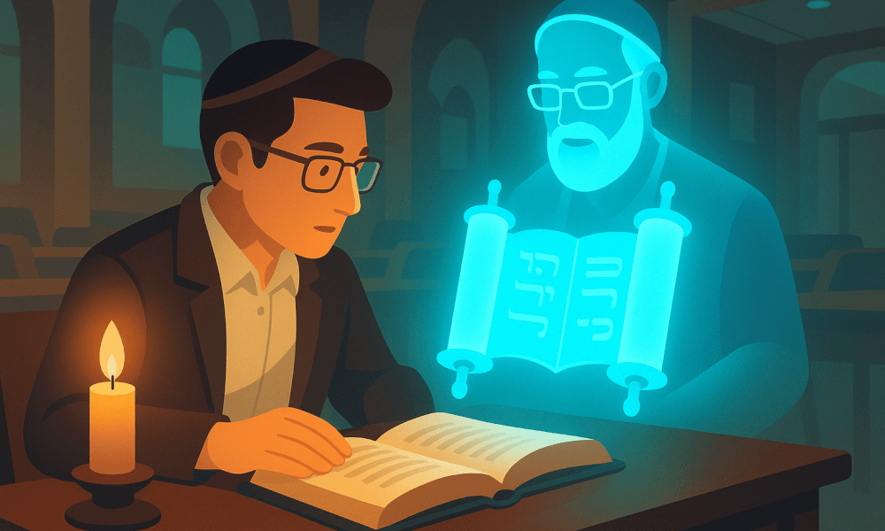 An illustration of a young man studying the Talmud with a glowing figure of a rabbi holding Torah scrolls, symbolizing traditional Jewish learning and Talmudic scholarship.