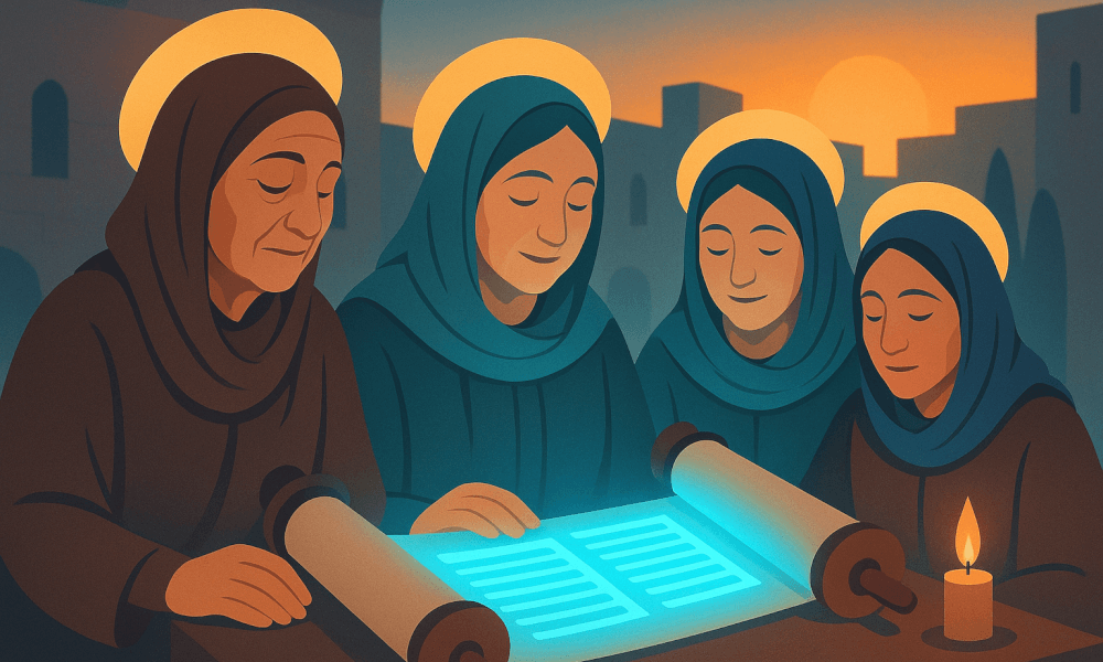 Illustration of the Torah foremothers, featuring biblical matriarchs Sarah, Rebecca, Rachel, and Leah, representing important women in the Torah.