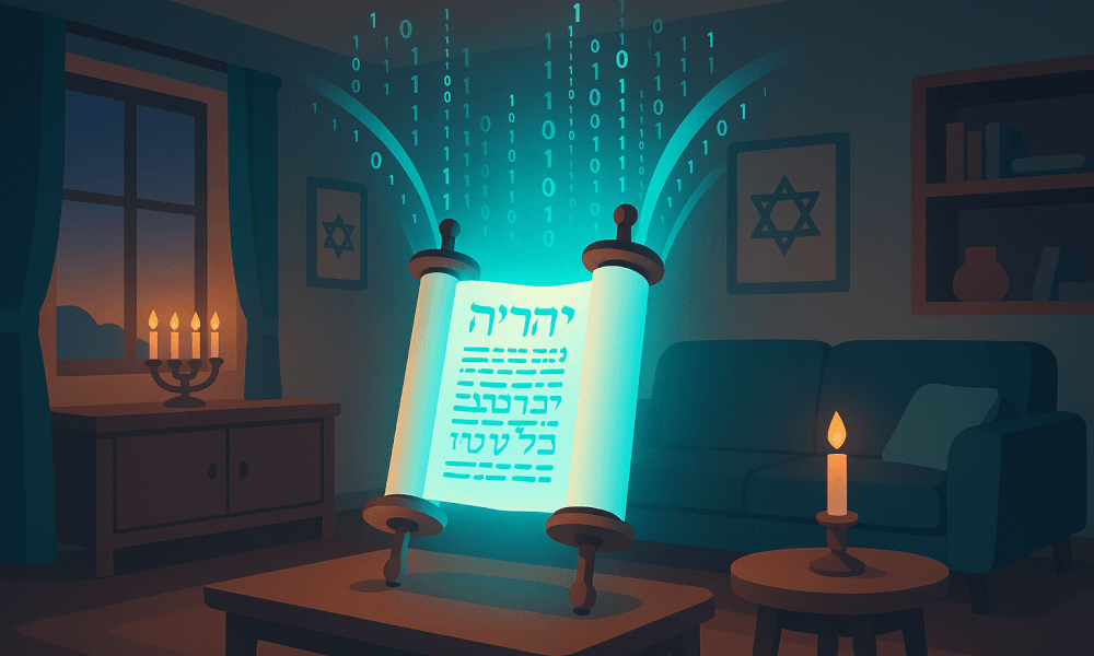 An illuminated Torah scroll representing the body of Jewish law sitting on a table in a softly lit room, symbolizing Jewish legal tradition and Rabbinic teachings.