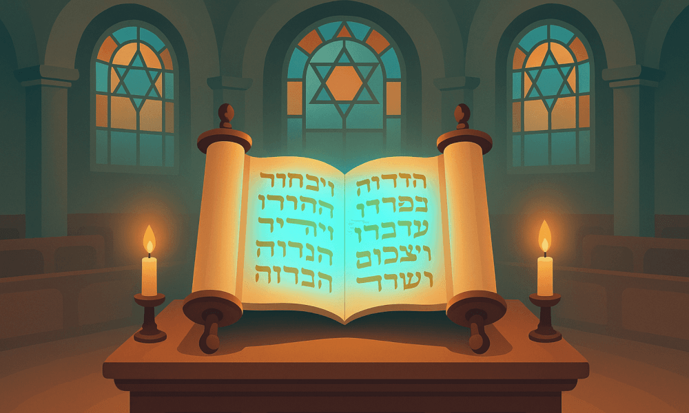 An illustration of a Torah scroll open on a podium, illuminated by candlelight, set in a synagogue with stained glass windows. The scroll features Hebrew text, representing the five books of Moses.