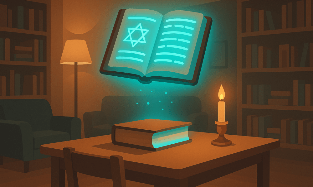 An illustrated scene of a glowing open book with a Star of David, symbolizing chavrusa, or Torah study partnership, set in a cozy study environment.