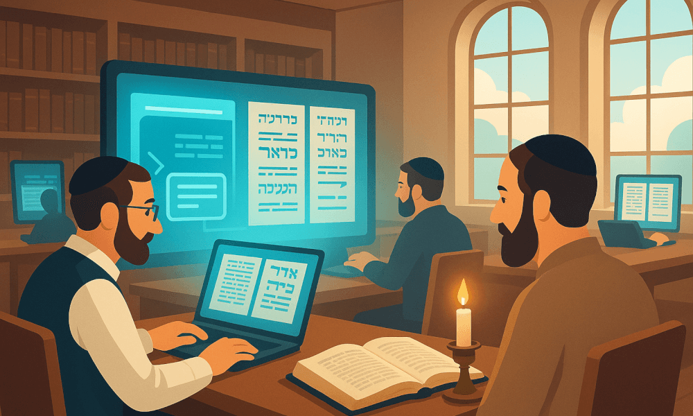 A group studying Gemara with laptops and books in a library setting, emphasizing Talmud teachings and Hebrew texts.