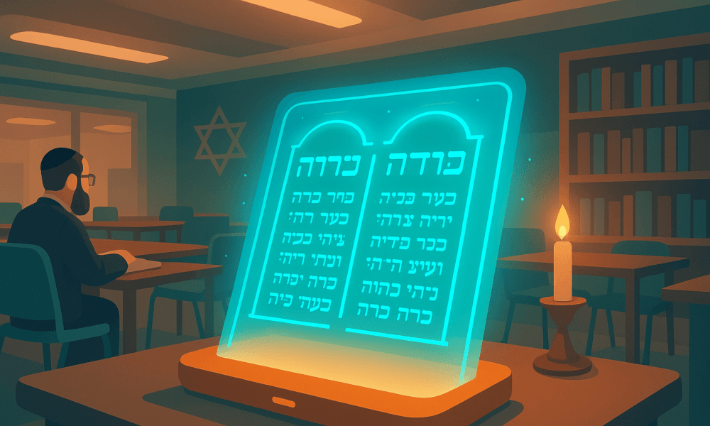 A person studying halacha yomi with a digital representation of Jewish law texts in a traditional classroom setting, emphasizing daily halacha and Jewish learning.
