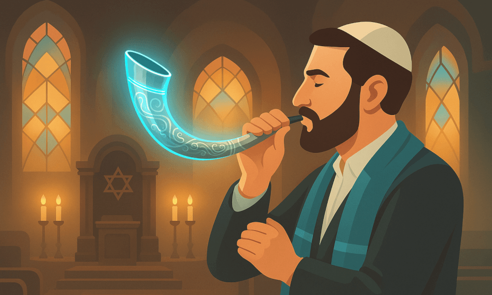A Jewish man blowing the shofar in a synagogue, symbolizing the celebration of Rosh Hashanah, with warm lighting and a star of David in the background. This image represents Happy New Year in Hebrew.