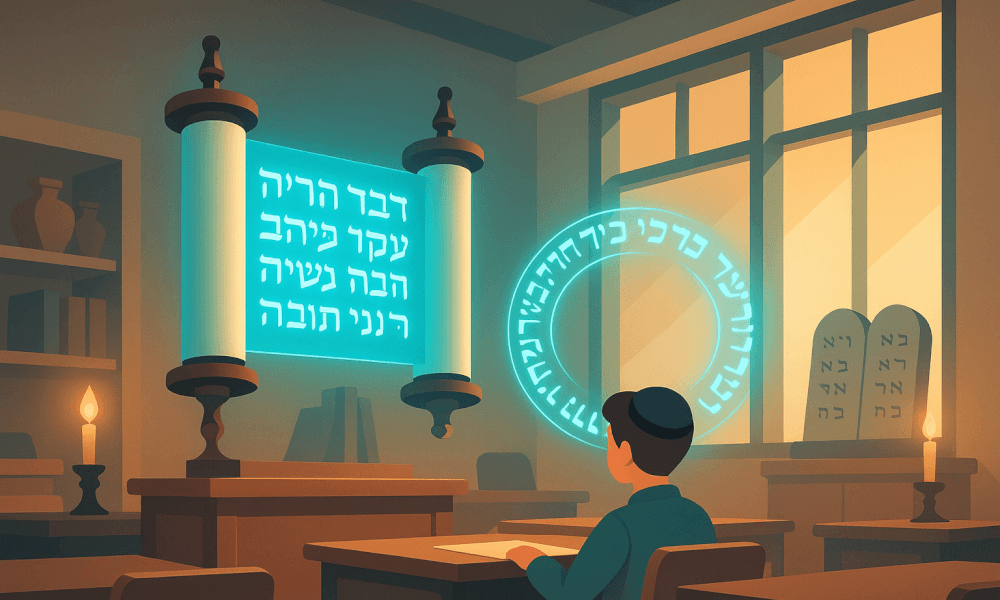 A student sitting in a classroom focused on Hebrew education, surrounded by Hebrew scrolls and learning materials, depicting the essence of Jewish education and Hebrew language learning.