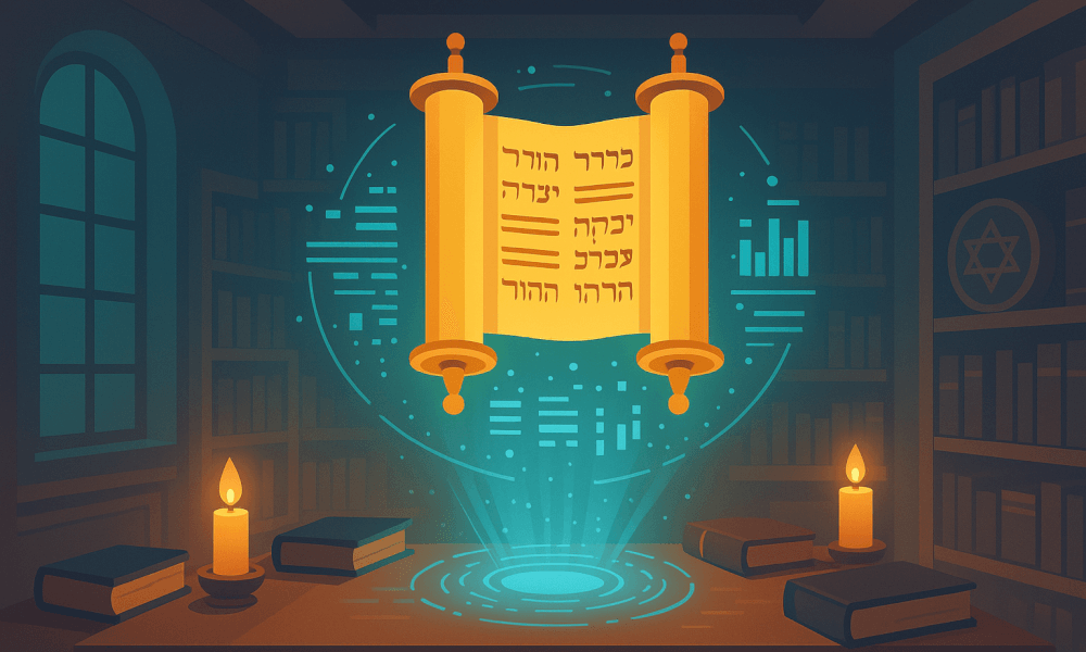 An artistic depiction of a Torah scroll surrounded by candles and books, representing the duties and ethical obligations in Judaism, including the importance of Tzedakah and Jewish laws.