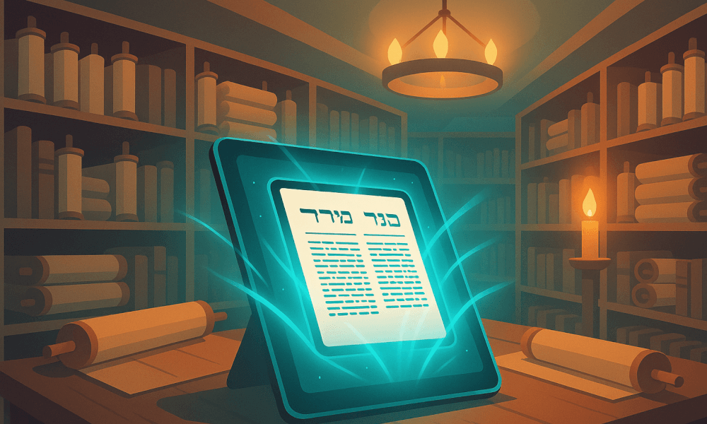 A digital tablet displaying a page from the Talmud, surrounded by ancient scrolls in a dimly lit library, symbolizing Talmud study and Jewish religious texts.