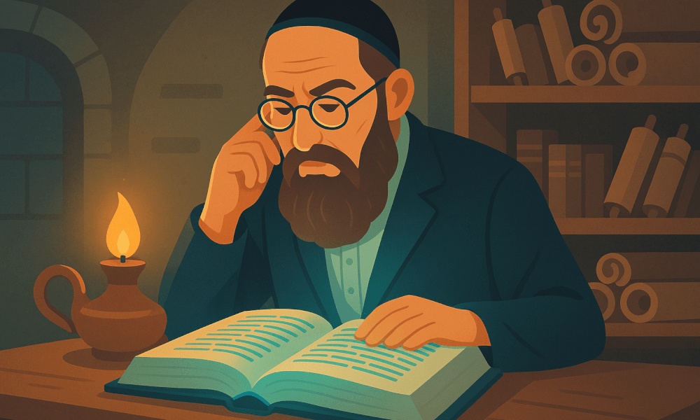 A scholar reading Talmud Ketubot 11b 6 under candlelight, symbolizing Jewish oral law and Talmudic discussion on marriage.