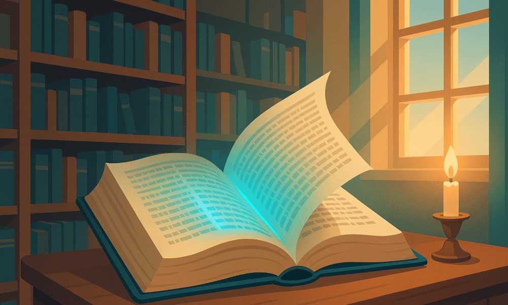 An open Talmud book on a wooden table in a library, showcasing Talmudic wisdom and teachings, with a candle illuminating the scene.