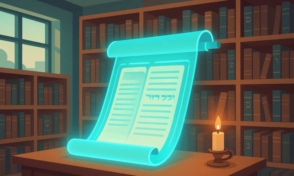 A glowing scroll representing the Talmud in a study room filled with Jewish texts, symbolizing Talmud Torah and Jewish education.