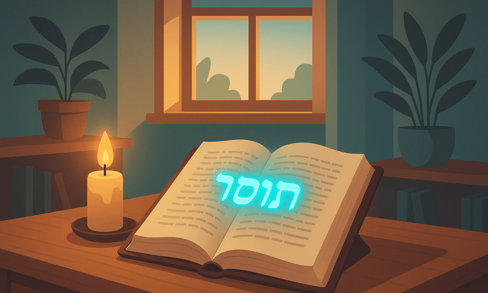 An open book on a table with the Hebrew word for Mussar illuminated, symbolizing Jewish ethical teachings and personal character development.