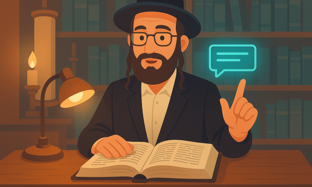 An illustration of a Jewish scholar engaging with a book, discussing the body of Jewish law, including Halakhah and Talmudic principles, in a study environment.