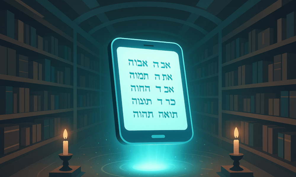 An illuminated tablet displaying Hebrew text surrounded by candles in a library setting, symbolizing the books of the Torah.