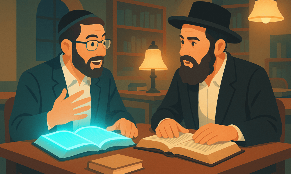 Two men engaged in Torah study as chavrusa partners, discussing passages from their holy books in a warm, inviting study environment.