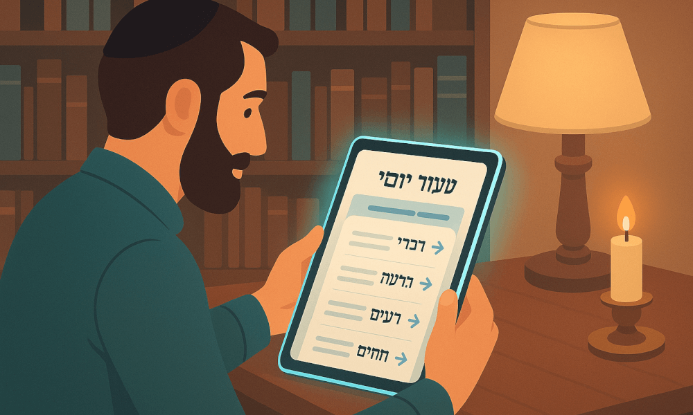 A person studying Halacha Yomit on a tablet in a cozy library setting, highlighting daily Halacha learning and Jewish law.