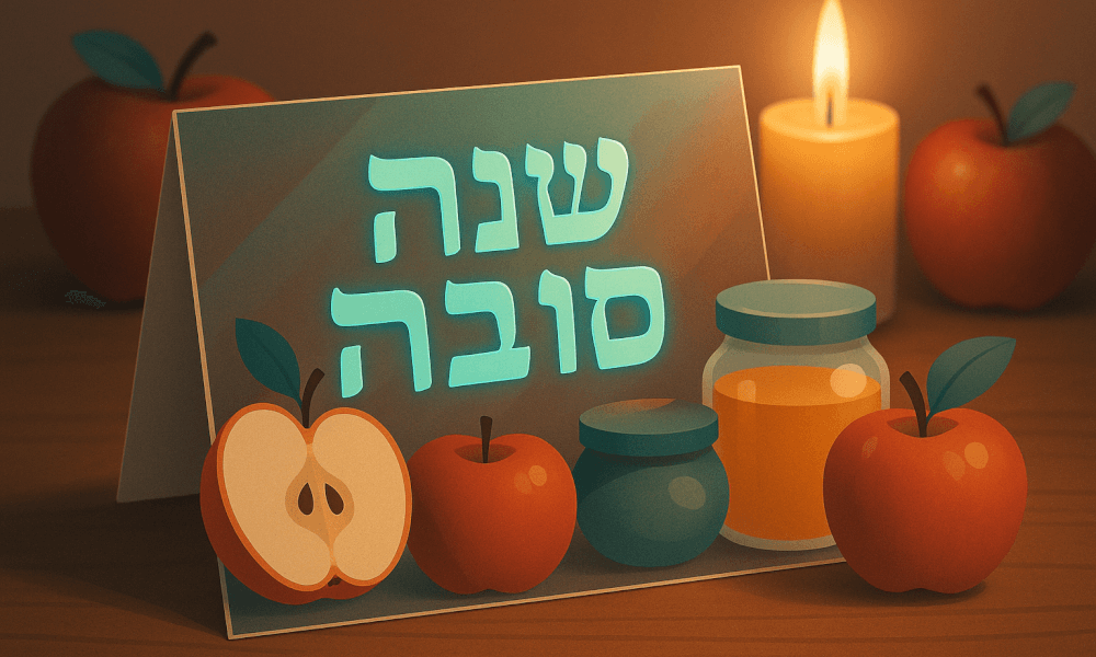 Colorful Shana Tova card featuring apples and honey, symbolizing the Jewish New Year celebration, with 'שנה טובה' written in Hebrew.