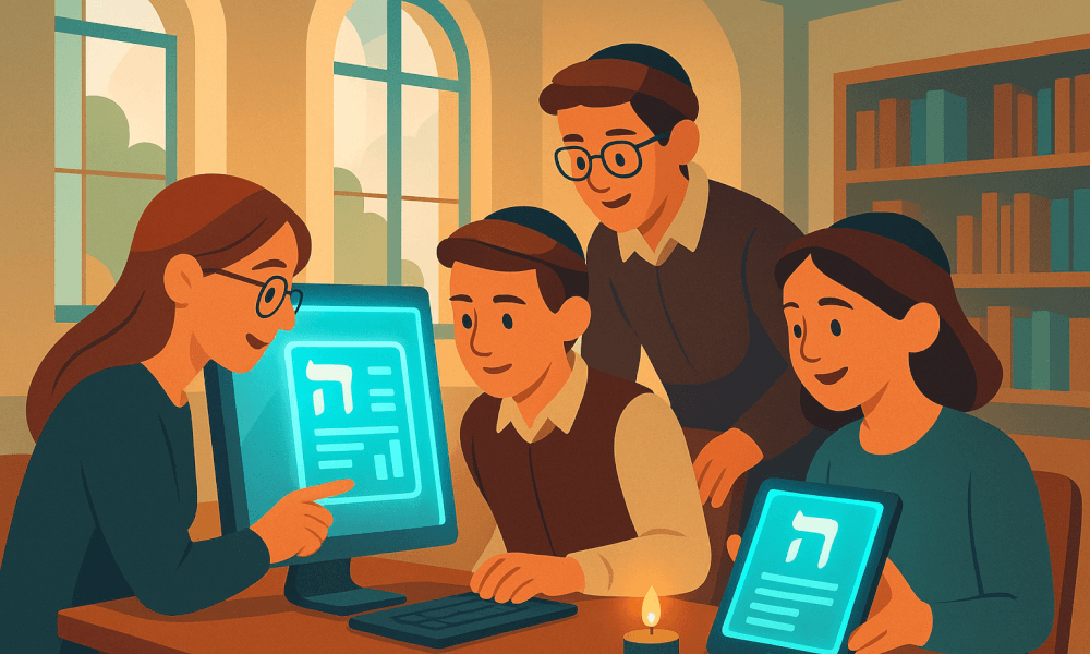 Students engaging in Hebrew education using digital devices, studying Hebrew language and learning together.