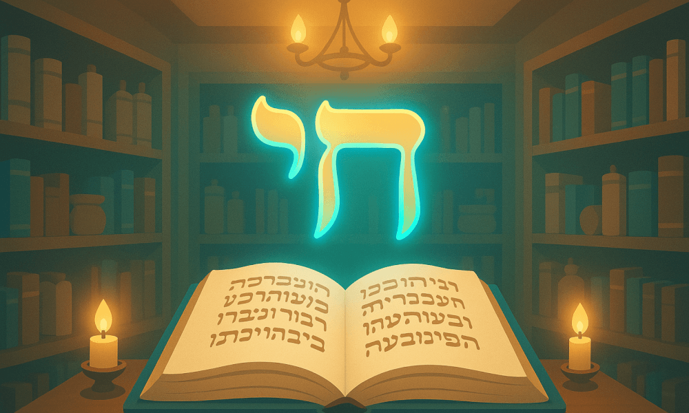 An illustration of an open book with Hebrew text and a glowing Hebrew letter symbolizing Hebrew numbers, surrounded by books and candles, representing the Hebrew numeric system and its meanings.
