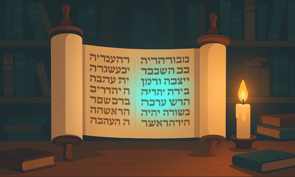 An illuminated Talmudic scroll displaying Hebrew text, representing Talmud 56b and 57a, surrounded by books and a candle, symbolizing Talmud study and interpretation.