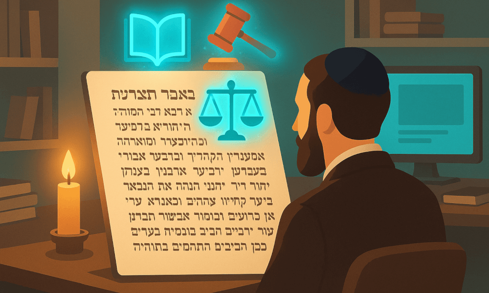 A person studying Talmud Ketubot 11b 6, with symbols representing law and wisdom, highlighting Jewish oral law and Talmudic discussion on marriage.