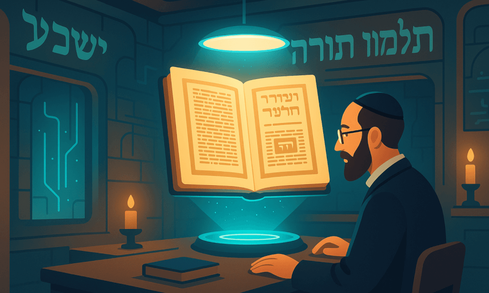 A scholar studying Talmud quotes in a dimly lit room with an open ancient text, embodying Jewish teachings and wisdom.