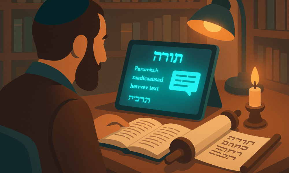 A person studying Talmud and Torah at a desk with a tablet displaying Hebrew text, highlighting the importance of Jewish education and Talmudic study