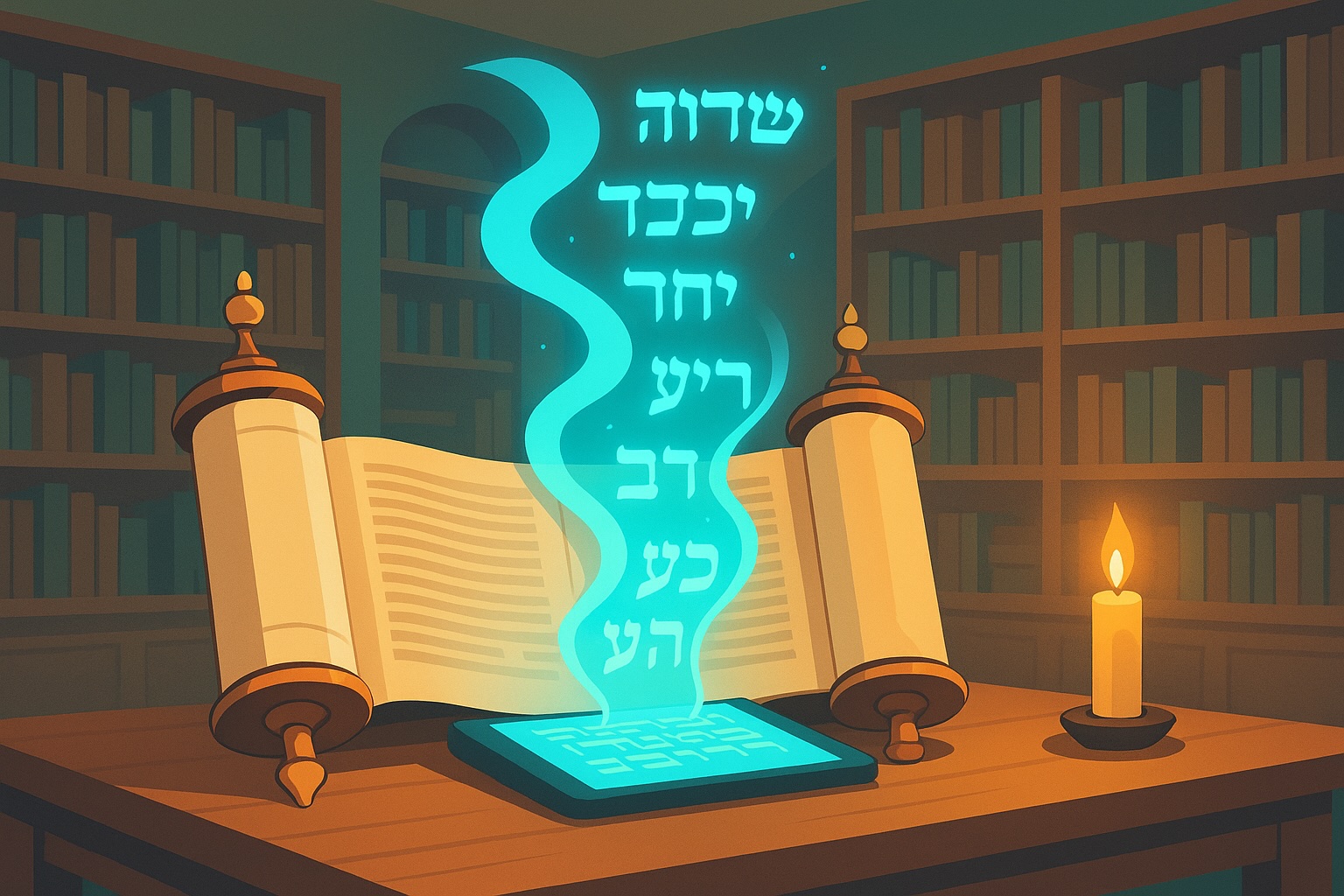 Vector landscape of an open ancient Torah scroll with gold accents, digital Hebrew text flowing upward in a warm study room lit by candlelight and bookshelves.