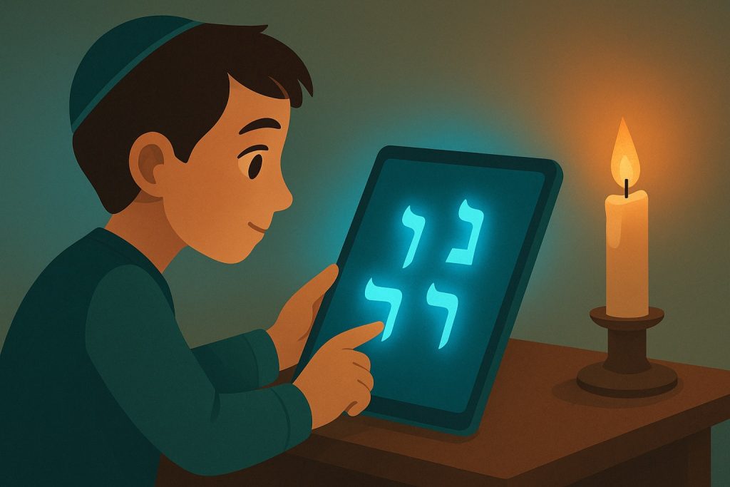 Flat-design landscape of a young Jewish learner pointing at glowing Hebrew letters on a tablet by candlelight, blending warm candle glow and cool cyan-blue light.