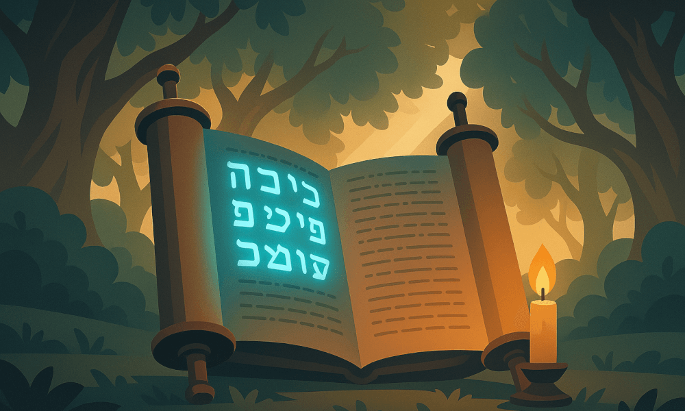 An open Torah scroll in a forest, showcasing the Hebrew text related to Bereishis, symbolizing the beginning of the Torah and the creation story in Genesis.