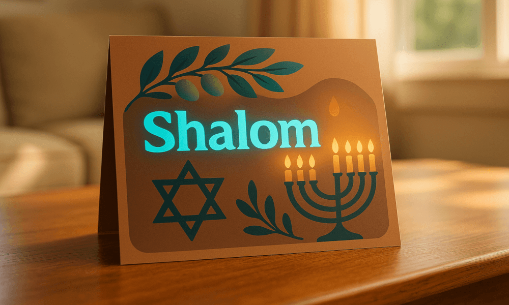 A decorative greeting card featuring the word 'Shalom' in glowing letters, surrounded by symbols like a Star of David and a menorah, representing Hebrew greetings and Israeli culture.