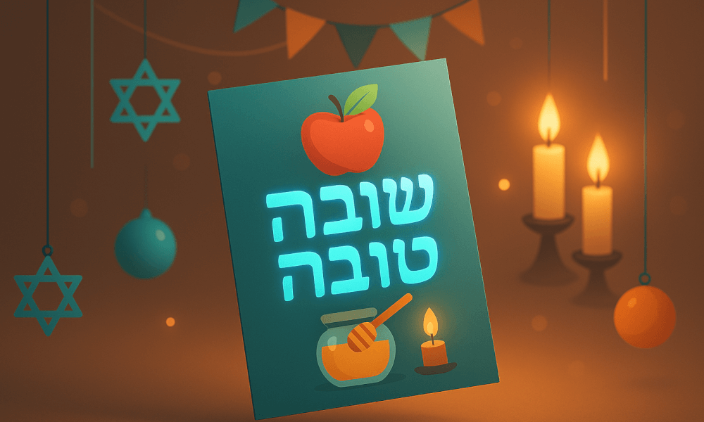 Colorful illustration featuring the Hebrew greeting 'שנה טובה' (Shanah Tovah) with an apple and honey, symbolizing best wishes in Hebrew traditions, set against a festive background.